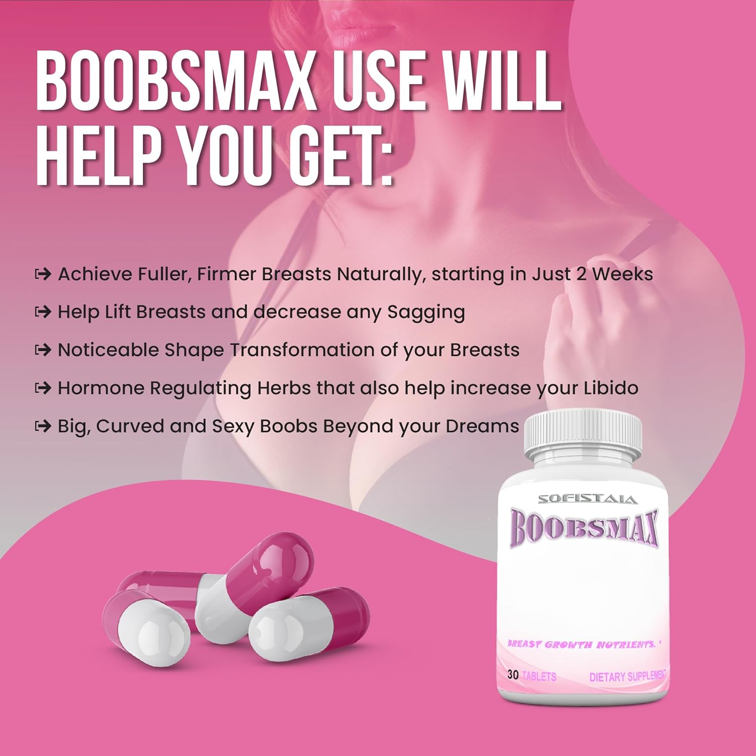 BOOBSMAX Natural Bust Enhancement – Increase Breast Gains – Grow Bigger Breast and Firmer Curves – Decrease Sagging. 30-Tablets - Image 2