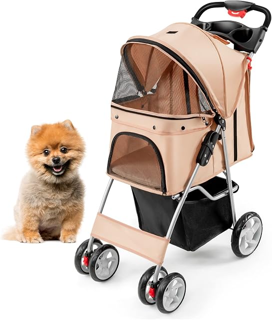GYMAX Folding Pet Stroller, Portable Pet Travel Pushchair with 4 Wheels, Safety Belt, Mesh Windows and Cup Holder, Pet Travel Carrier Carriage for Dogs and Cats (Beige)