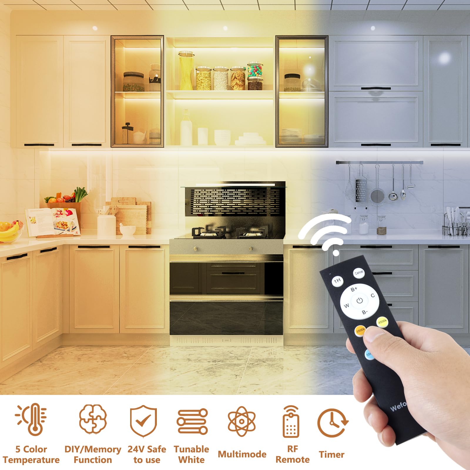 Wefomey Striscia luminosa a LED bianca, 100 piedi dimmerabile, 24 V, con controllo remoto e app, 2700 K - 6500 K, 1440 LED, per camera da letto, cucina, appartamento (1 rotolo o 100 piedi)