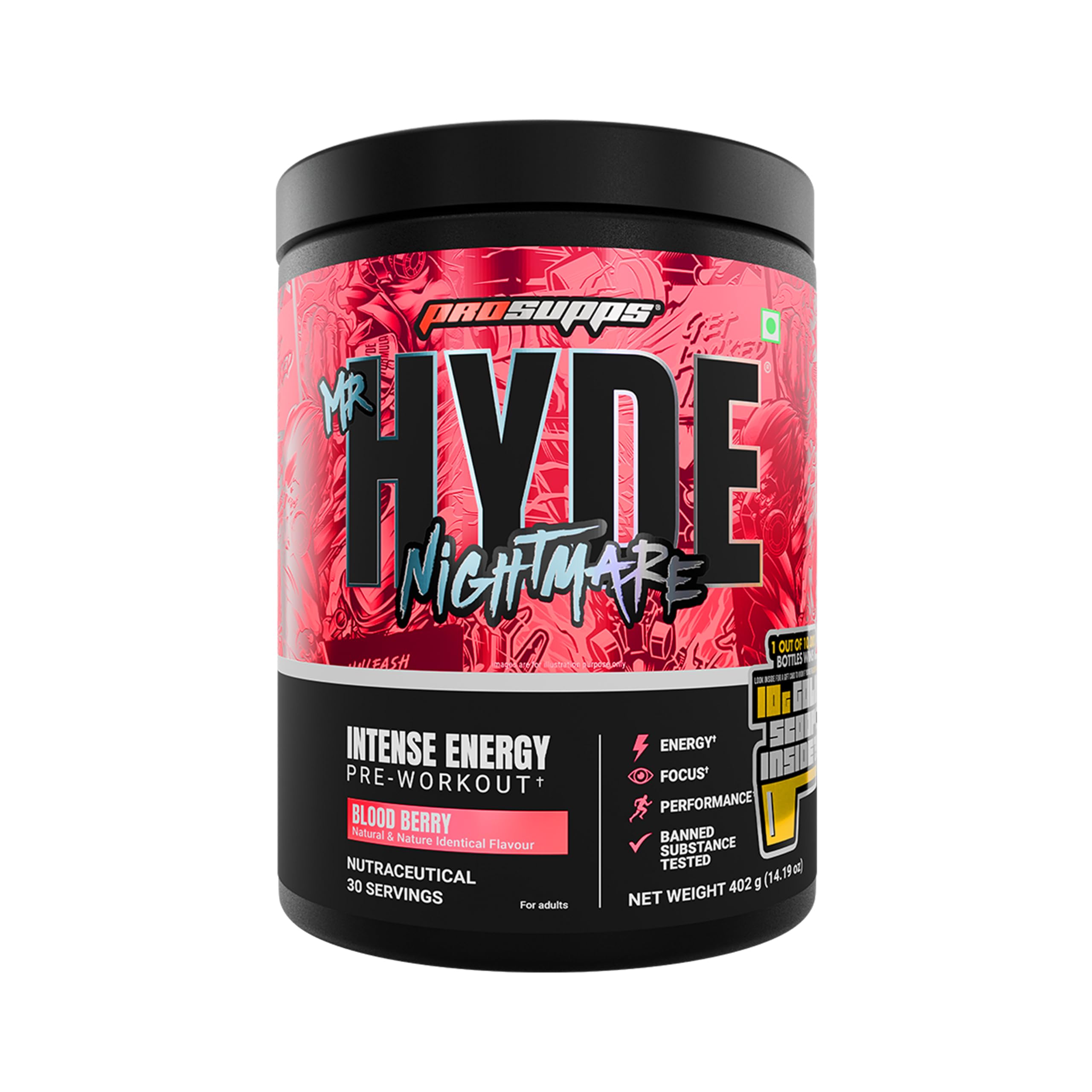 PS PROSUPPS Hyde Nightmare Pre-Workout Powder - (30 Servings, 396g) | 6000mg L-Citrulline, 3200mg Beta-Alanine | Supports Muscle Health | Banned Substance Tested | For Men & Women | Vegan (Bloodberry)-image-26