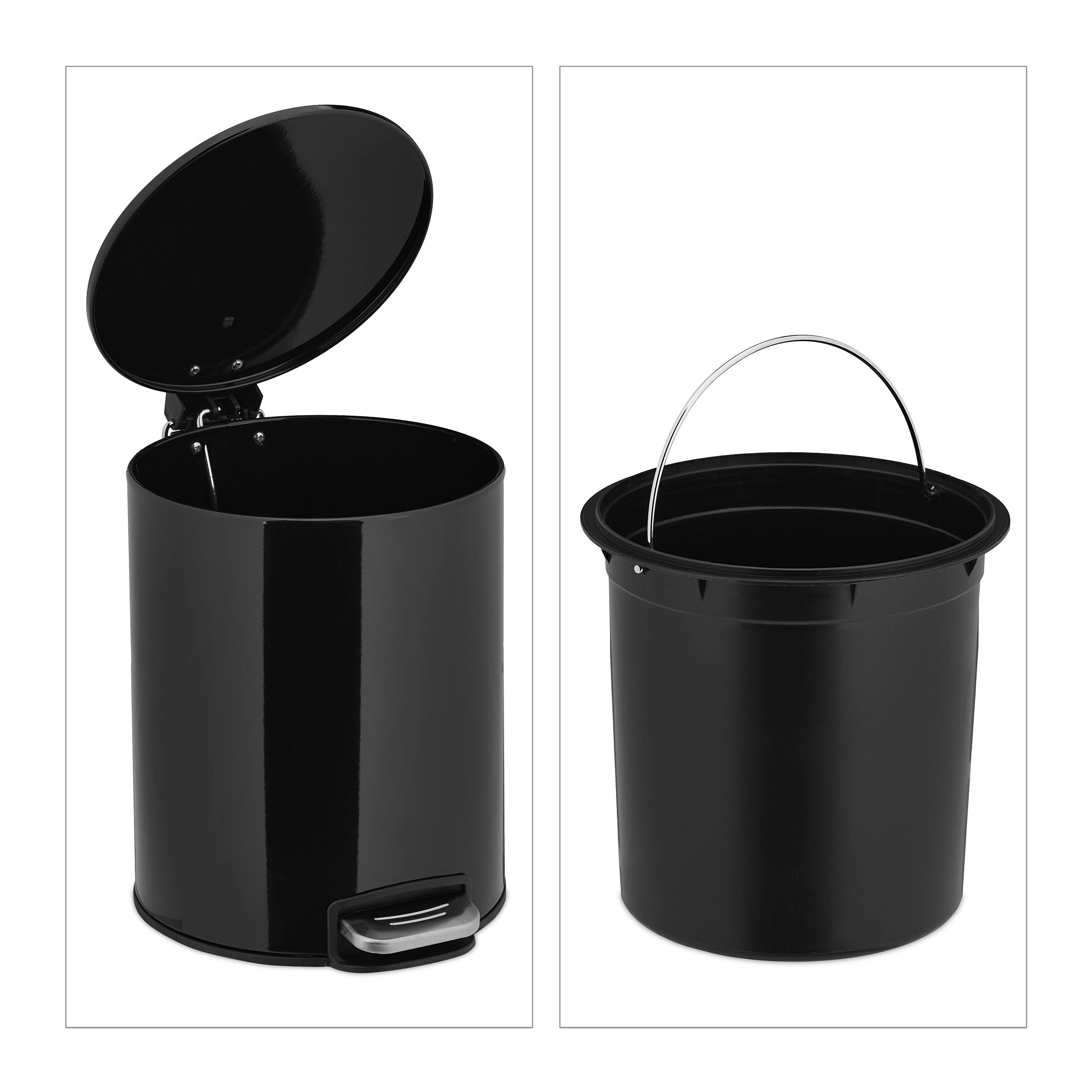 Relaxdays Cubo Basura, 5 litros, Mecanismo Automático, Bote Interior Extraíble, Papelera Baño, Metal, con Pedal, Negro
