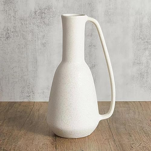 BlossoME - Jarrón blanco de cerámica de 12 pulgadas de alto con asa, recipiente de cerámica esmaltada mate, cerámica rústica, decoración de mesa,