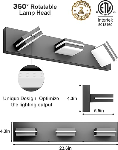 Miniatura 6 de VOLISUN 5CCT - Lámparas de baño sobre el espejo, regulable, cabezal giratorio de 360, 24 pulgadas, 3 lámparas de tocador de baño, luces LED negras