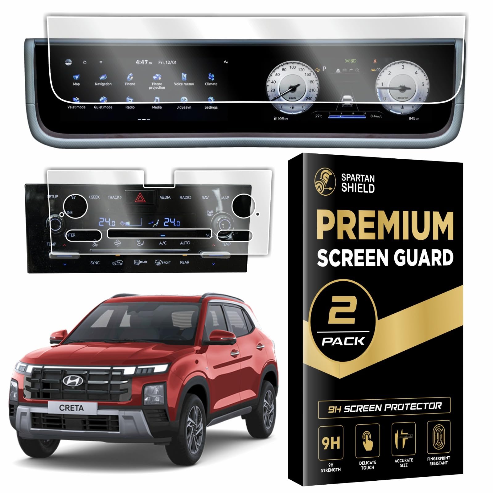 Spartan Shield [2 PACK] Screen Guard For HYUNDAI CRETA 2026 | 10.25 Inch Dual-Screen [Infotainment & Instrument Cluster] + AC Console Protector | SX, SX Tech, SX Premium, SX(O), King & King Knight | Anti Scratch | Water & Fingerprint Resistant | HD Clear | Digital Car Stereo Accessories Nov 2025+v[Not Tempered Glass]**Not Compatible with 2024-2025 Model**-image-48