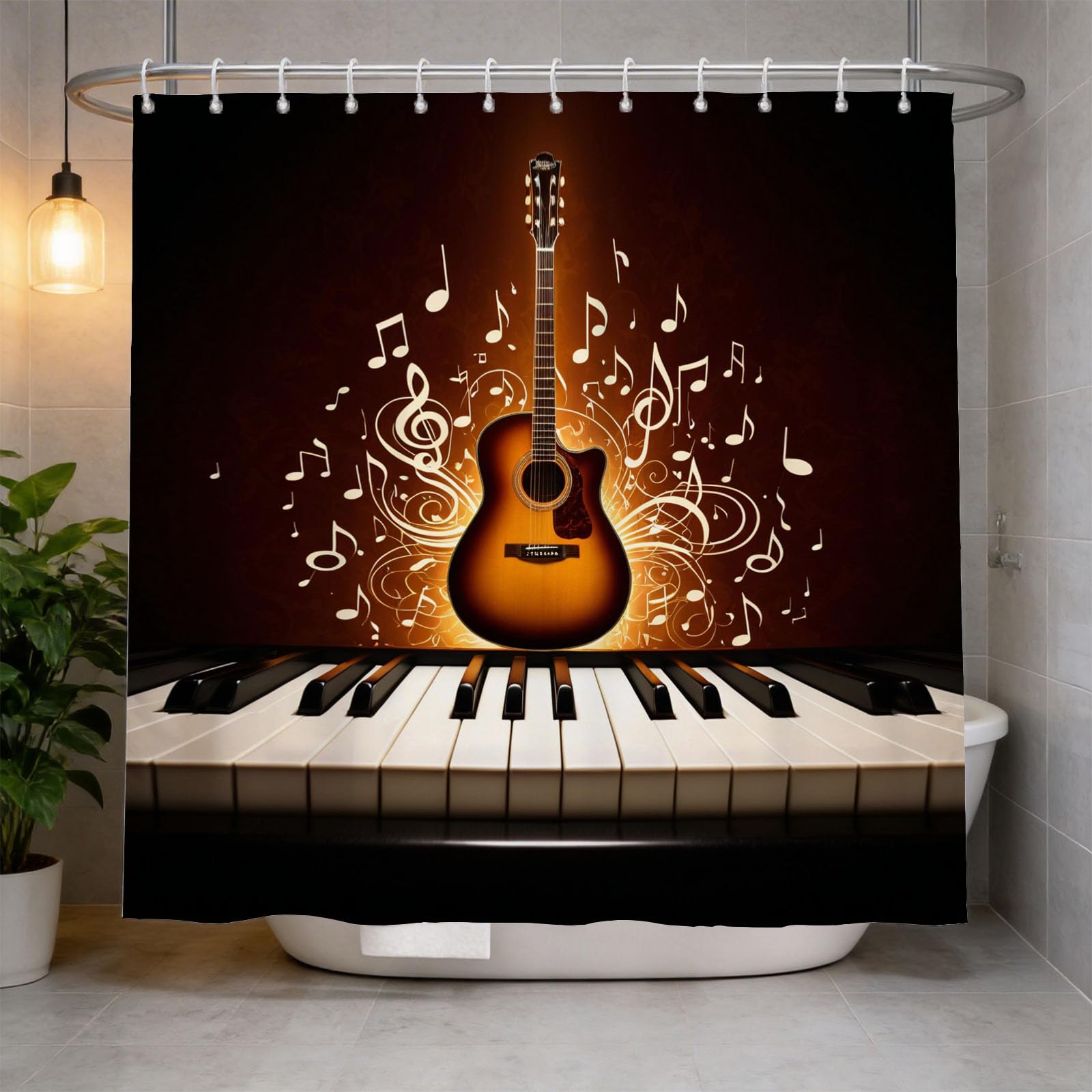 Hongduo 3D Guitar Instruments Shower Curtain for Stalls Bathtubs Musical Note Bathroom Decor Shower Curtain Set Polyester Fabric Waterproof 120x180cm/48X71 Inch with Hooks