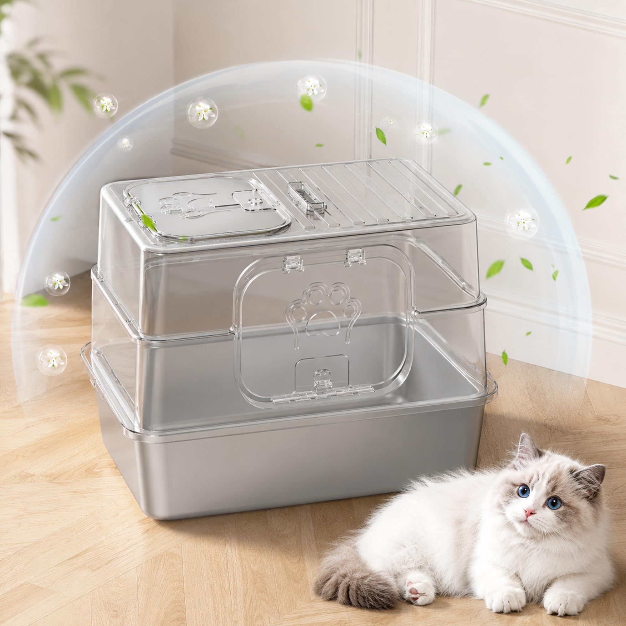 XL Katzentoilette Edelstahl mit Deckel, 2 in 1 Katzenklo Offen oder Geschlossen, Große Katzentoilette mit Hohem Rand, Doppeltür Design, Streuschaufel Inklusive, 61 x 41 x 40 cm-Rosa