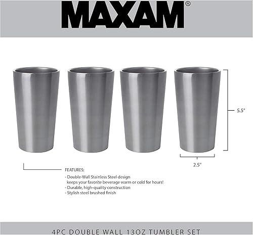 Miniatura 3 de Maxam Kitchen Utensil - Juego de 4 vasos de acero inoxidable de doble pared, 13 onzas, color plateado