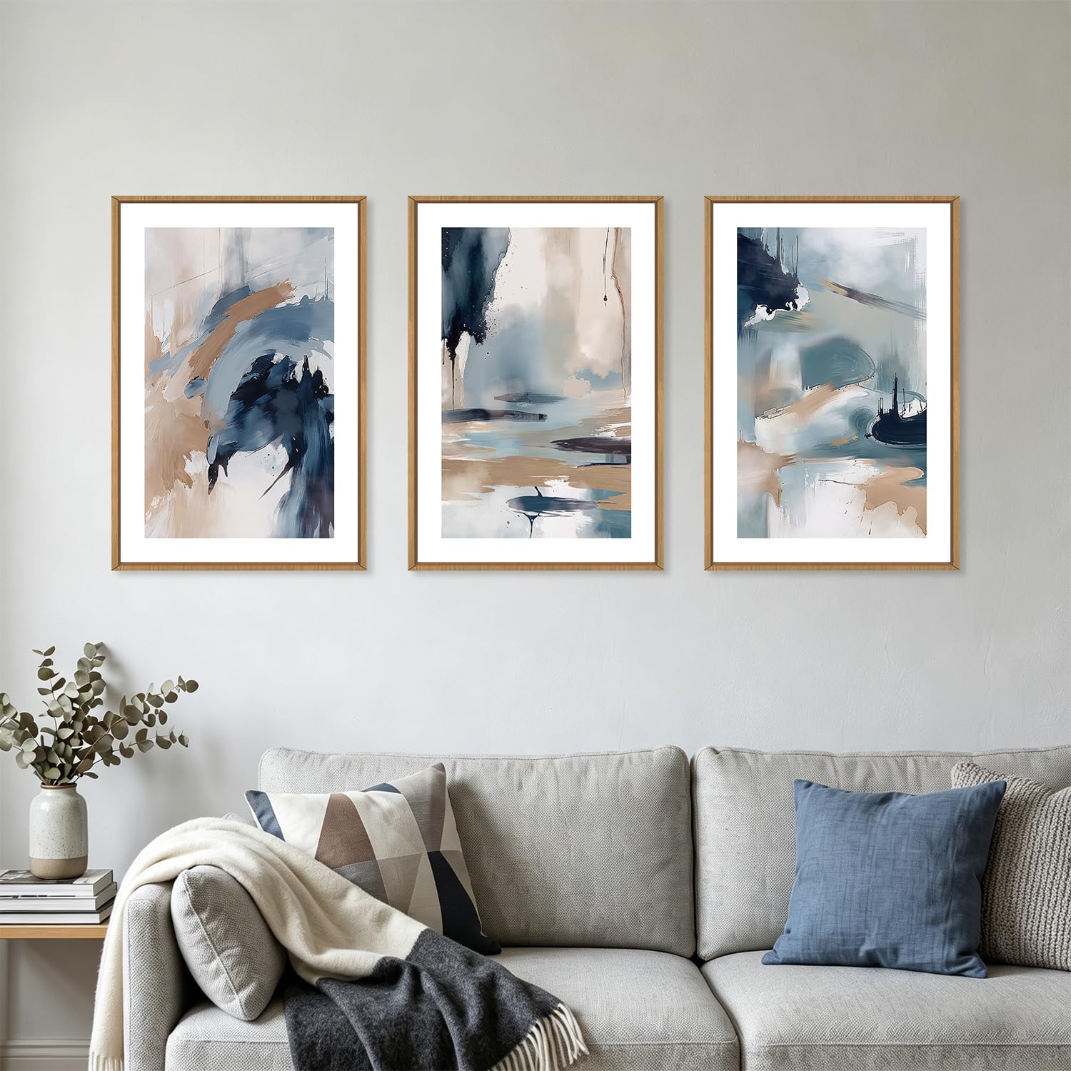 KAIRNE Blue Abstract Neutral Framed Canvas Wall Art Set, Navy Abstract Wall Decor, Watercolor Blue and Brown Wall Painting, Modern Textured Art Prints for Living Room, Bedroom, Office-24 x36 x3