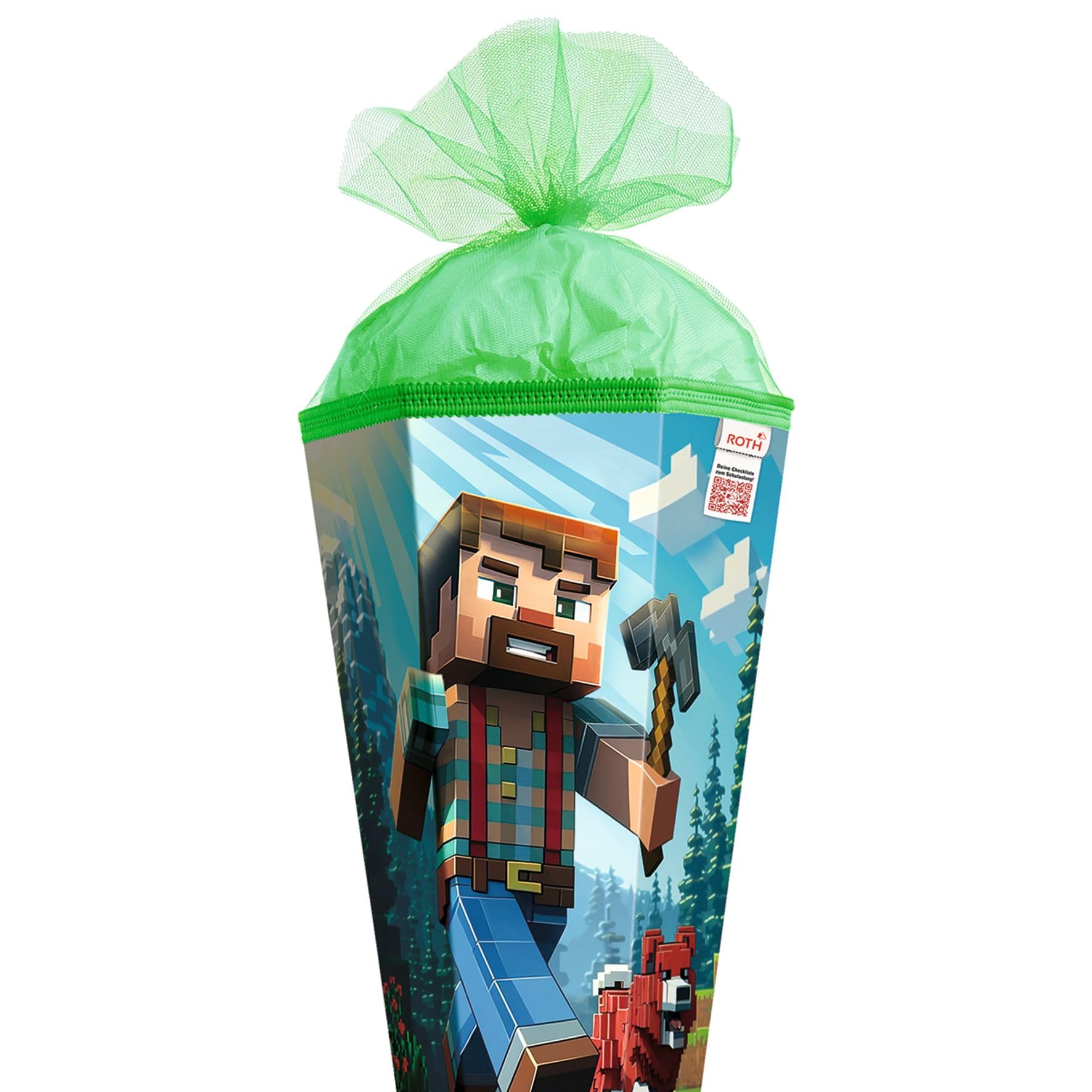 ROTH Motiv-Schultüte „Block Game“ 100 cm groß, 6-eckig, mit Tüllverschluss Spitze, XXL Zuckertüte zum Schulanfang