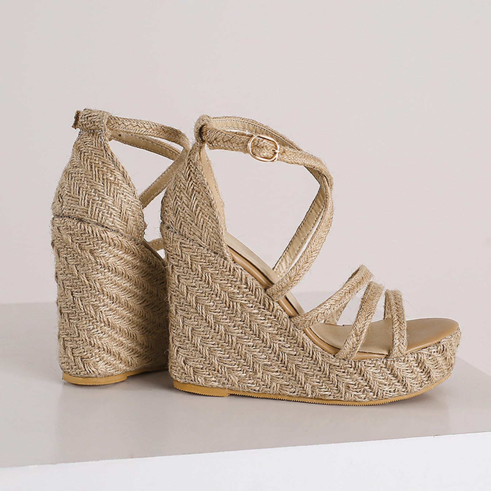 Sandalias de Esparto de Cuña Retro Mujer Plataforma de Lino Trenzado con Hebilla de Tobillo Tacones Altos Tiras Tacones de Verano para Fiestas en el Jardín