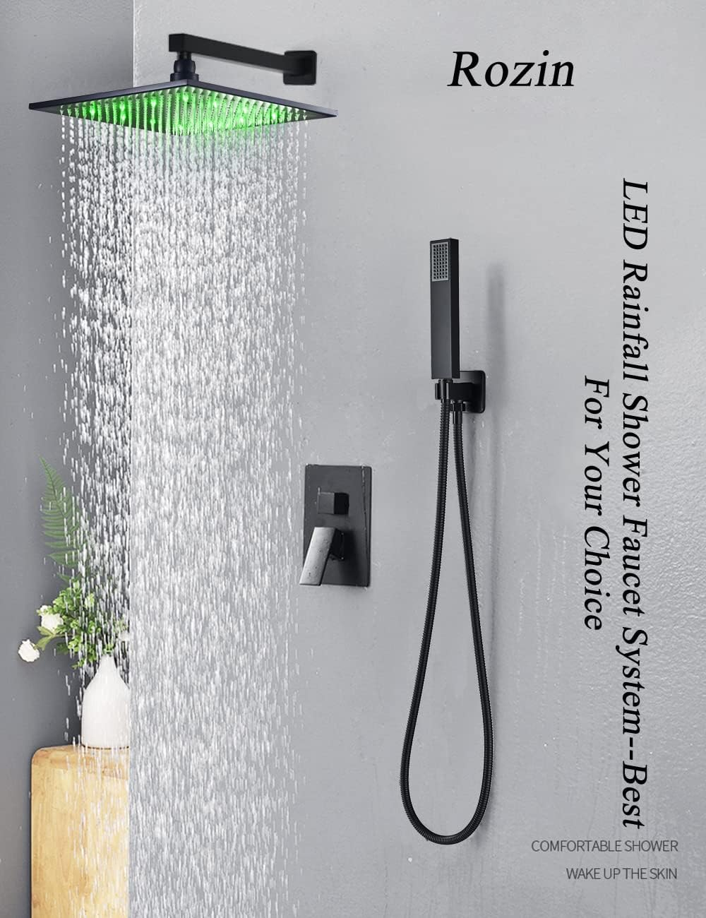Hottest Sale Rozin 10 Inch LED Light Bathroom Luxury Rain Mixer Shower Combo Set Wall Mounted Rainfall Shower Head System Oil Rubbed Bronze Shower Faucet Rough-in Valve Body and Trim Included