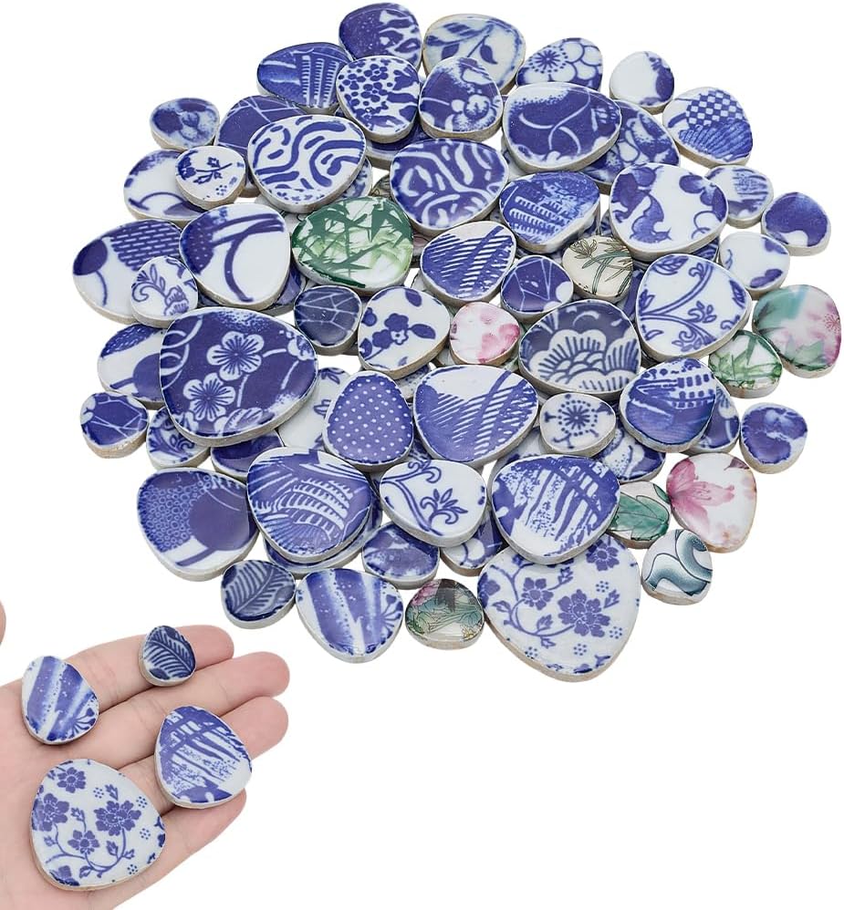 500g Broken China Mosaic Tiles Porcelain Irregular Blue and White Mosaic Pieces Bulk Ceramic Chinese Tile Pieces for DIY Craft Art Picture Frames Plates Flowerpots Vases Cups Home Decoration