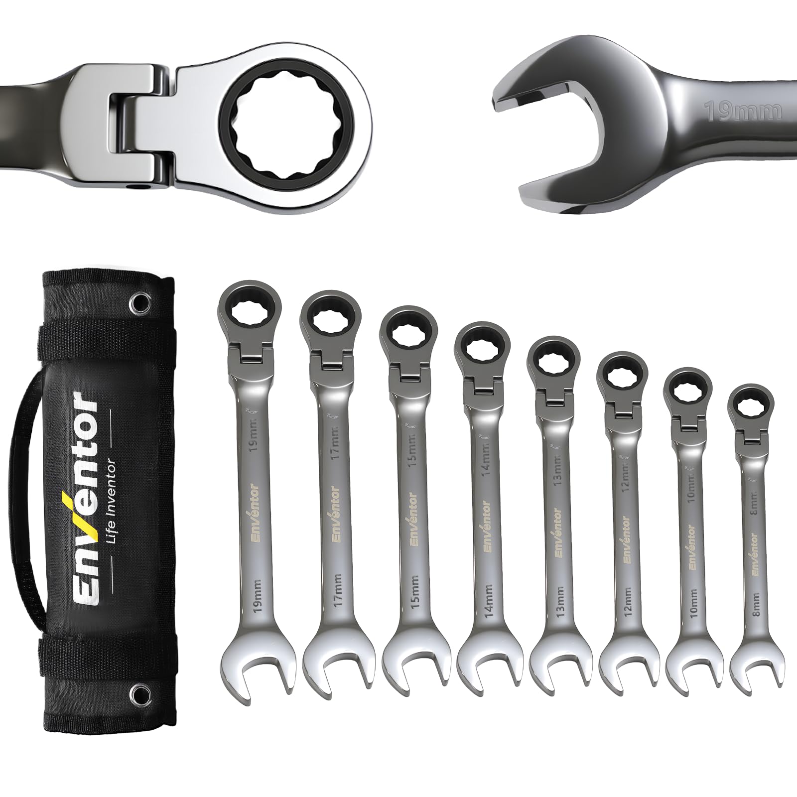 Enventor Jeu de 8Pcs Clé Plate à Cliquet, Tête flexible à 180°, 72 dents, Rangées dans une pochette de rangement, Acier au Chrome Vanadium, Métrique 8-19 mm, Pour réparations électriques