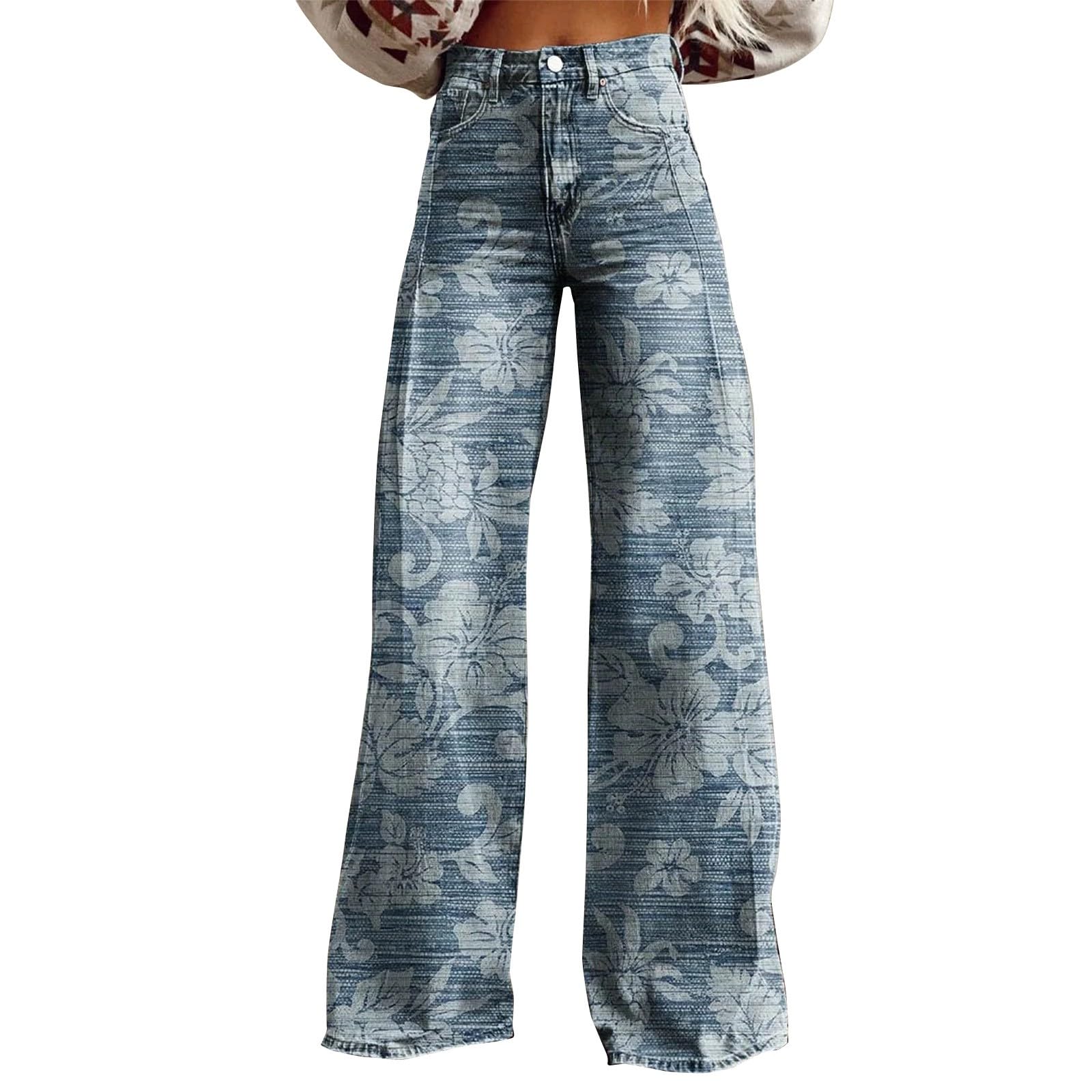 GenericBell Bottom Jeans Women's Blue Flower Print Casual Wide Leg Pants Jean Leggings for Women