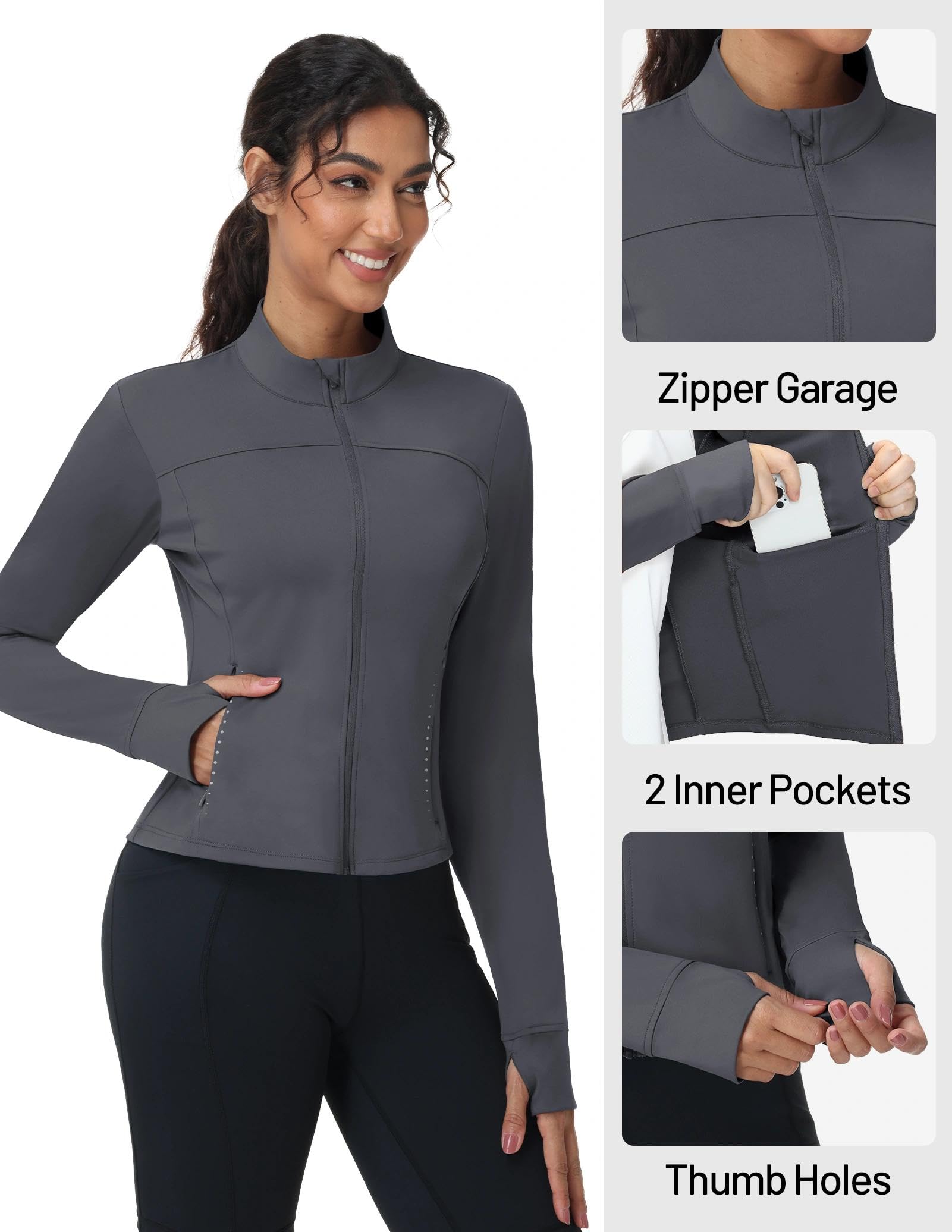 MIER Giacche da allenamento da donna, con zip intera, vestibilità aderente, leggera, atletica, corsa, palestra, fori per i pollici e tasche