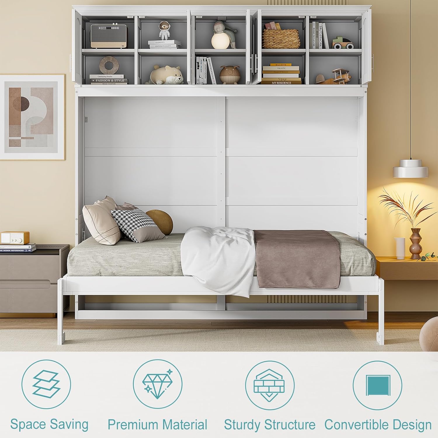 Full Size Murphy Bed,Space-Saving Folding Beds with Top Cabinets,Horizontal Murphy Bed,Full Size Wall Beds for Study Room,Guest Room,Fold into The Wall,White