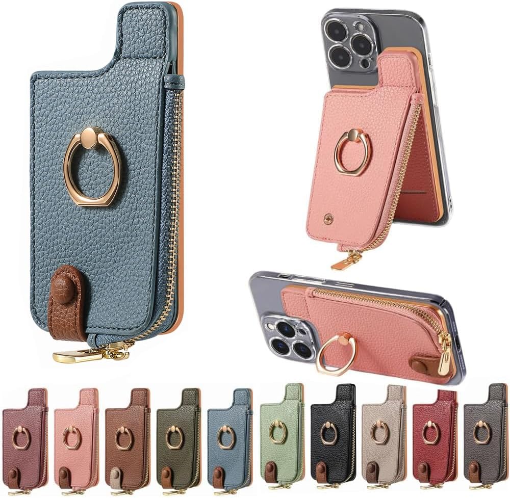 [Angel Smile] スマホ カードケース 粘着カードホルダー 貼り付け カード収納 ICカード 定期入れ 小銭入れ付き RFIDブロッキング リング付き スマホスタンド ファスナー付き コインケース かわいい 全機種対応 (ブルー)