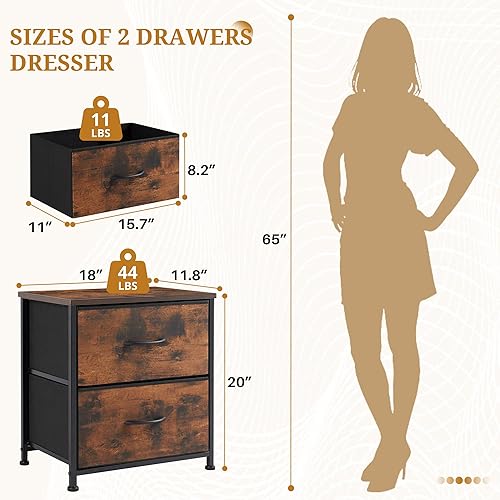 Miniatura 2 de Mesita de noche, mueble de almacenamiento de 2 cajones, cómoda pequeña con 2 cajones, mesa auxiliar con tela para dormitorio, armario, entrada,