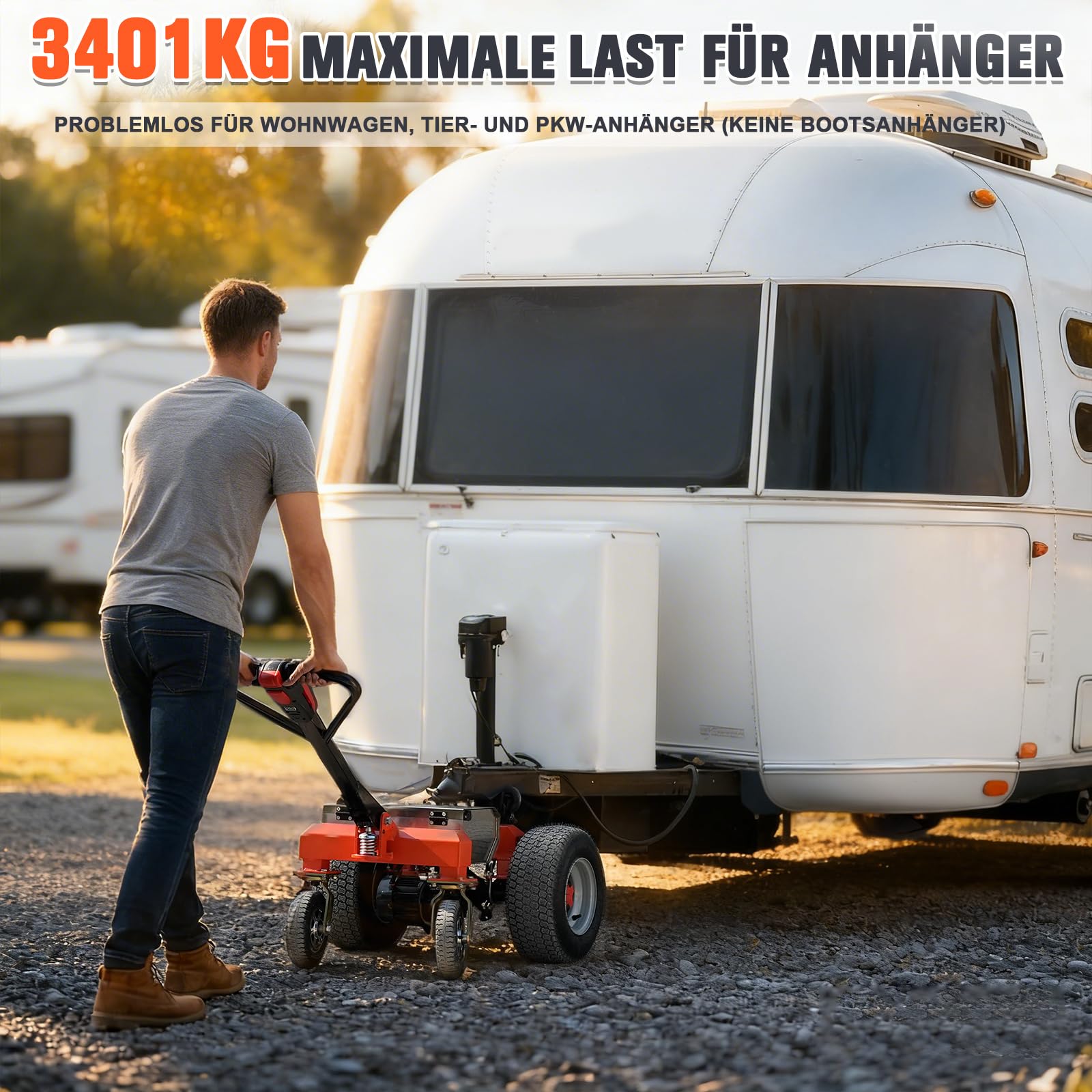 Elektrischer Anhänger Dolly mit 2 Kuppelkugeln(50mm&47.6mm), Elektrischer Trailer Mover MaxTraglast 3400kg mit Geländerädern, Höhenverstellbar, Vorwärts/Rückwärts/Bremsschalter für RV, Boot, Wohnmobil