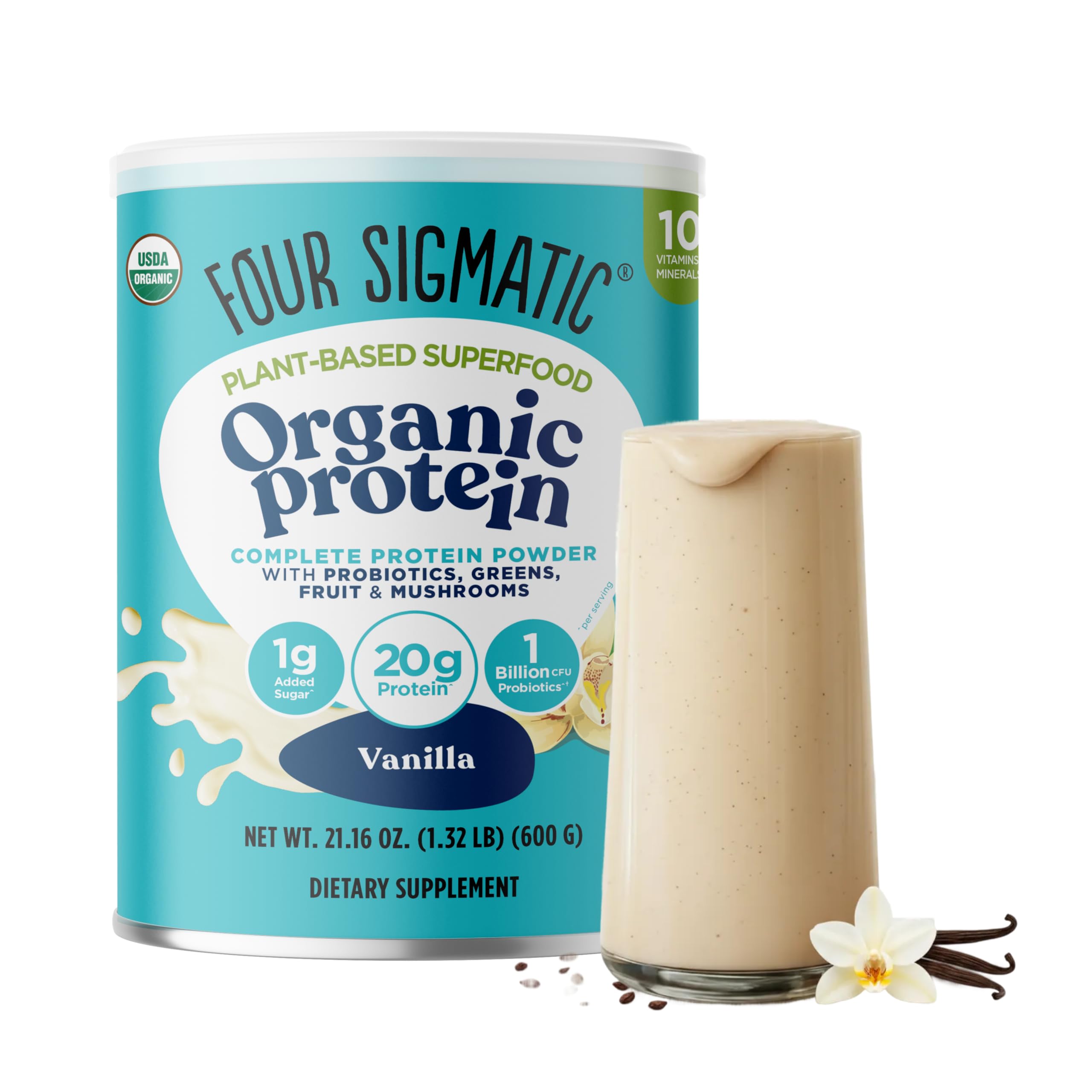 Four Sigmatic Organic Vegan Protein Powder | 18g Plant-Based Protein per Serving | Gluten Free, Dairy Free, Soy Free, Non-GMO with No Filler Ingredients | 21.16oz, 15 Servings | Vanilla