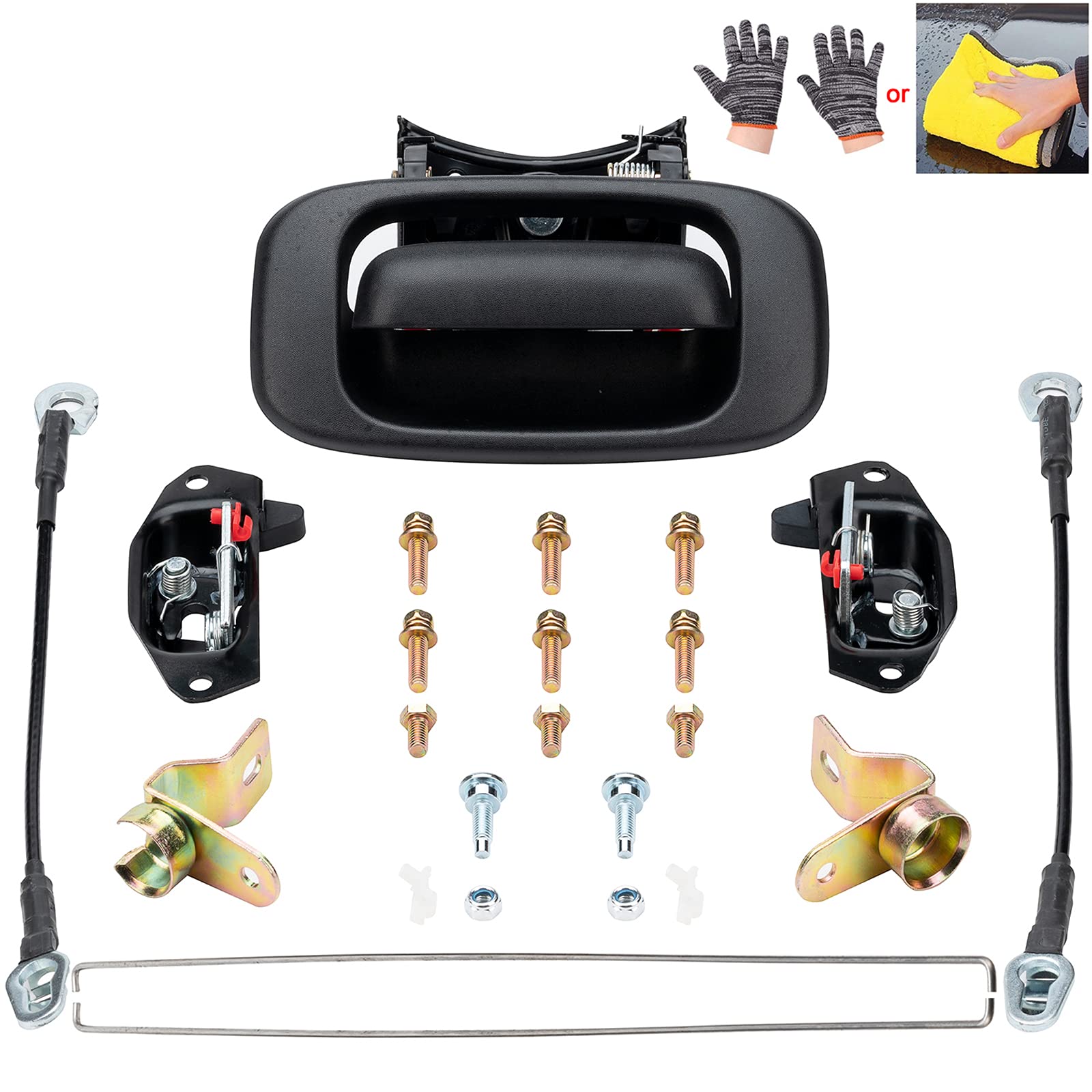 Tailgate Hardware Rebuild Kit Compatible with 1999-2007 Chevrolet Chevy Silverado GMC Sierra 1500 2500 3500, Tailgate Handle Latch Bezel Trim with Rod Clips, 15997911 15228539 15921948 5921949