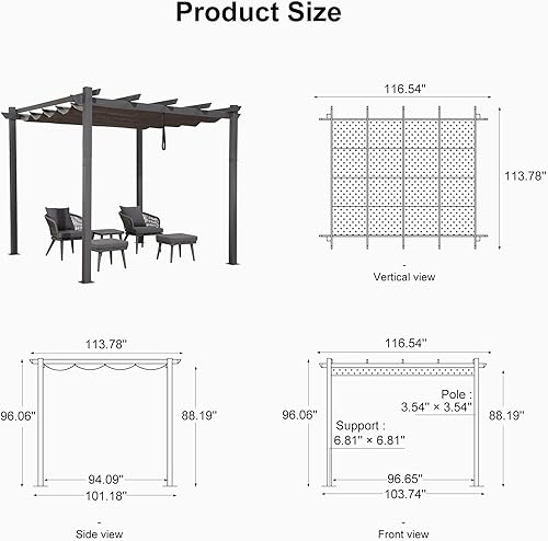 Miniatura 96 de PURPLE LEAF - Pérgola/kiosco retráctil de metal de 10 x 12 pies con toldo para exteriores, patio, jardín, porche, playa, pabellón estilo enrejado