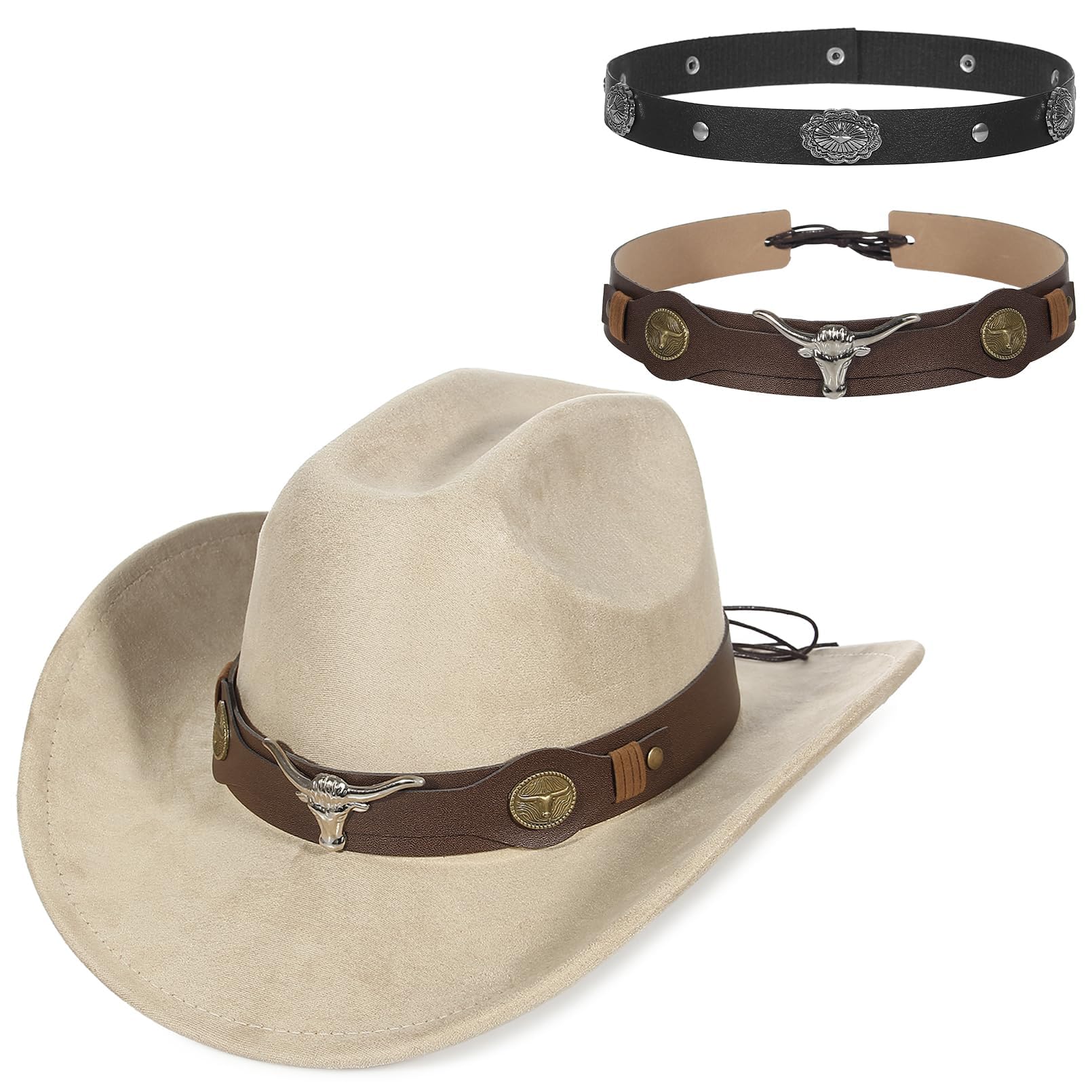 GEMVIE Sombrero de vaquero de ante de dos tipos, banda de sombrero de ala ancha, sombrero occidental para hombres y mujeres, unisex, vintage, sombrero de vaquera