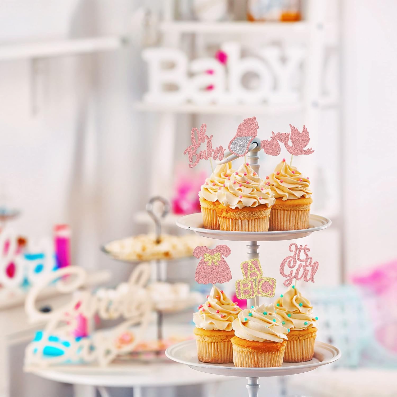 24Pcs Baby Shower Oh Baby Cupcake Toppers Rose Gold Glitter Bow Dress Bottle Swan It's a Girl Cake Picks Decorations for Baby Shower Gender Reveal Girls Birthday Party Supplies - Image 6