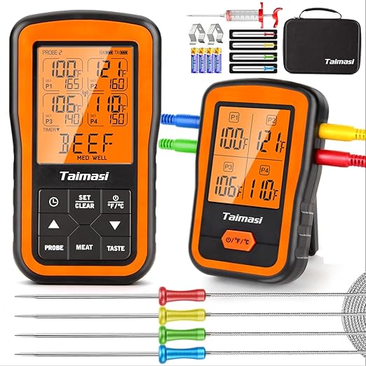 Wireless Digital Meat Thermometer with 4 Probes & Meat Injector, Upgraded 500FT Remote Range Cooking Food Thermometer for Grilling & BBQ & Oven & Kitchen, LCD