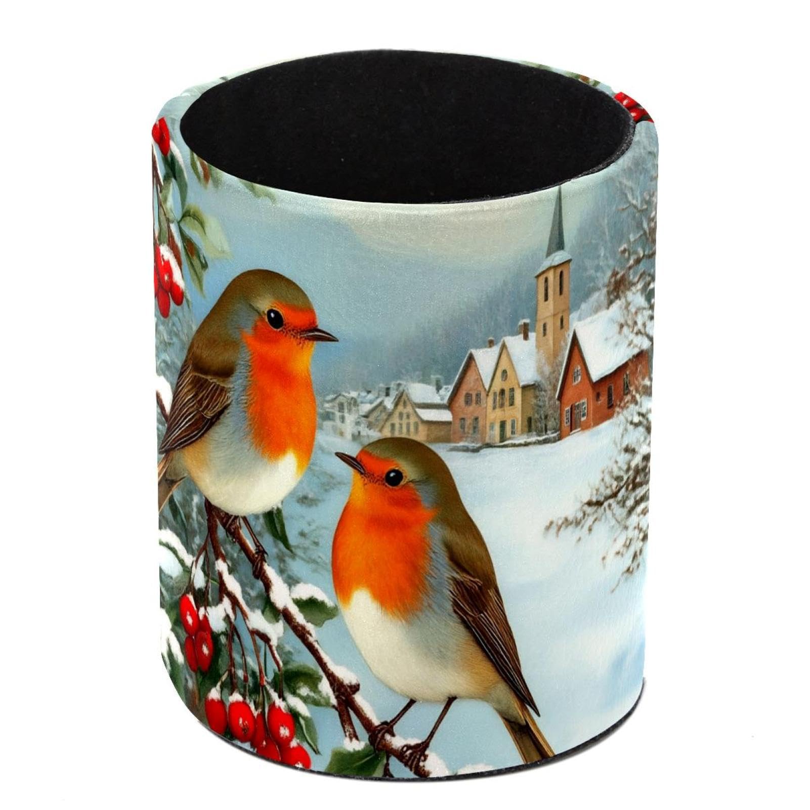 Luoweisi Leather Pen Pot Pen Holder for Desk, Pencil Holder Desk Tidy Office Organiser Makeup Storage, Christmas Bird in Winter