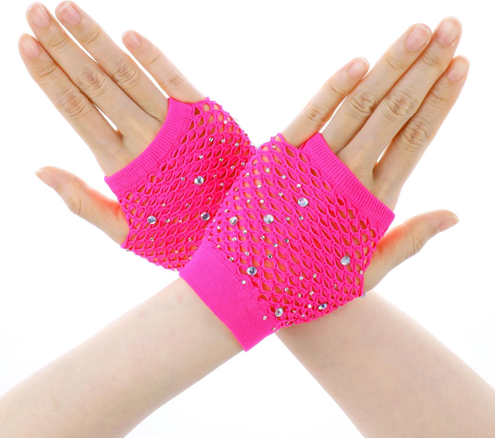 Fingerless Rhinestone Gloves for Women - 80s Accessories Short Mesh Fishnet for Costume Evening Party Halloween Cosplay Supplies