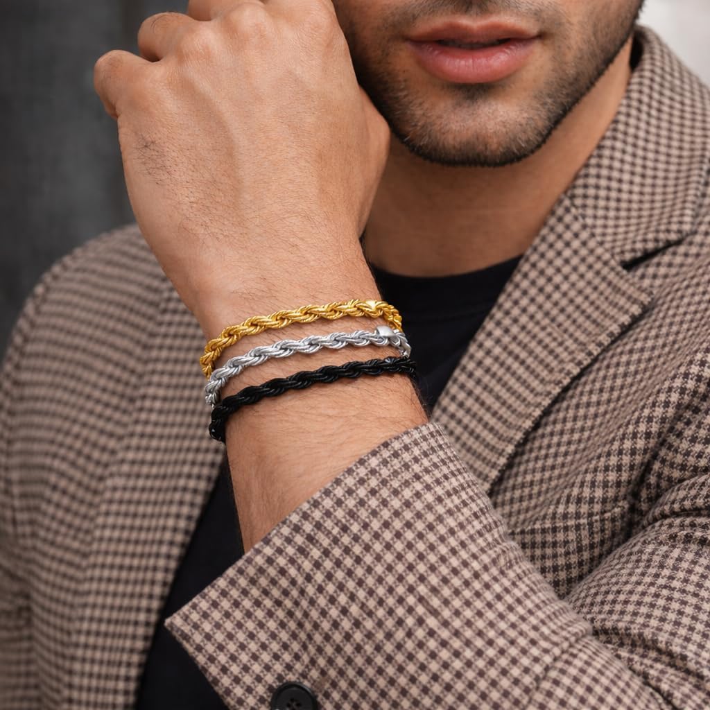 3PCS Stainless Steel Bracelets for Men Gold, Silver, Black Bracelet Twisted Cable Mens Luxury Jewelry Bracelets Gifts