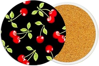 2Pcs Cherry Ceramic Coasters with Cork Base Absorbent Cup Mat for Drinks | 3.9 Inch Coaster for Table Office Desk Decor Coffee Cup Wine Beer,Cherrys Gifts for Women,Men,Friends,Housewarming