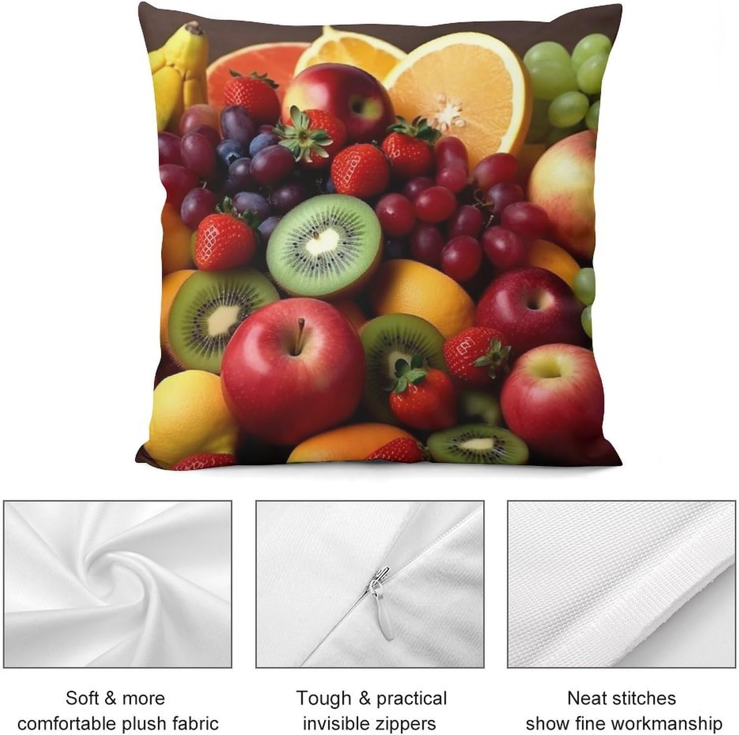 Zippered Pillow Cover, Pillow Protector, Fresh Fruits and Vegetables Printed Pillow Cover of 4, Pillow Not Included