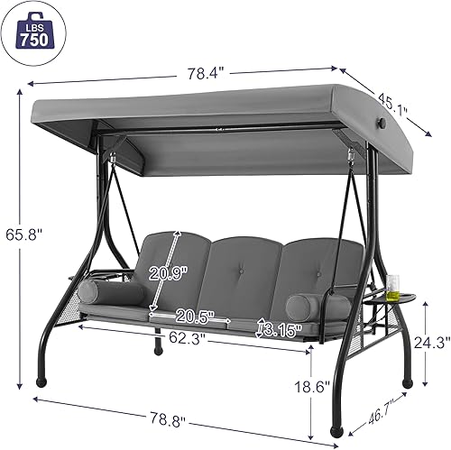 Miniatura 6 de HOMREST Columpio para porche al aire libre de 3 asientos con soporte para tazas de 1.5 pulgadas de profundidad, toldo ajustable, columpio de patio