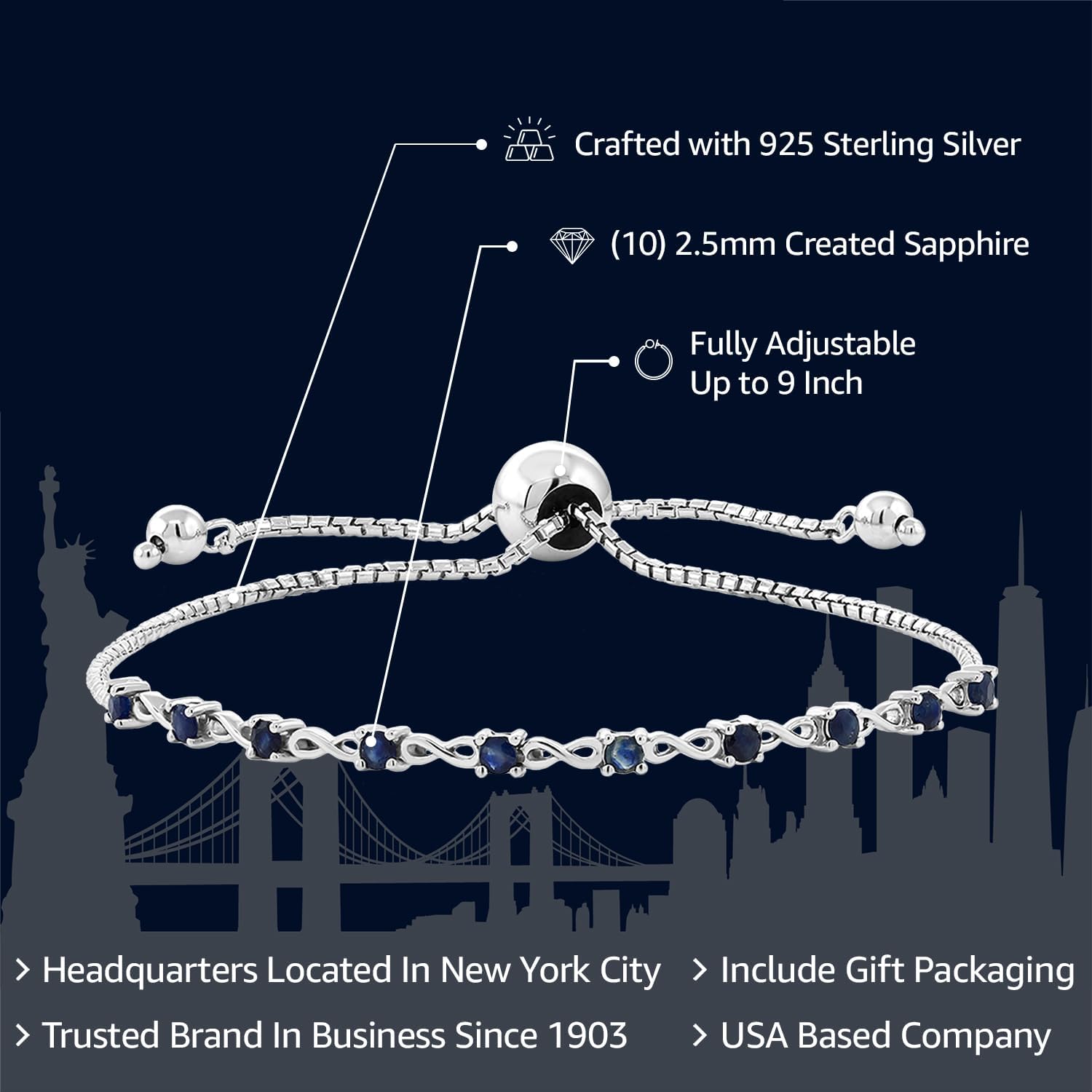 Gem Stone King 1/2 Cttw Blue Created Sapphire Tennis Bracelet For Women | 925 Sterling Silver | Round Cut 2.5MM | Gemstone Birthstone | Adjustable Bolo Bracelet For Women | Easy-On Easy-Off