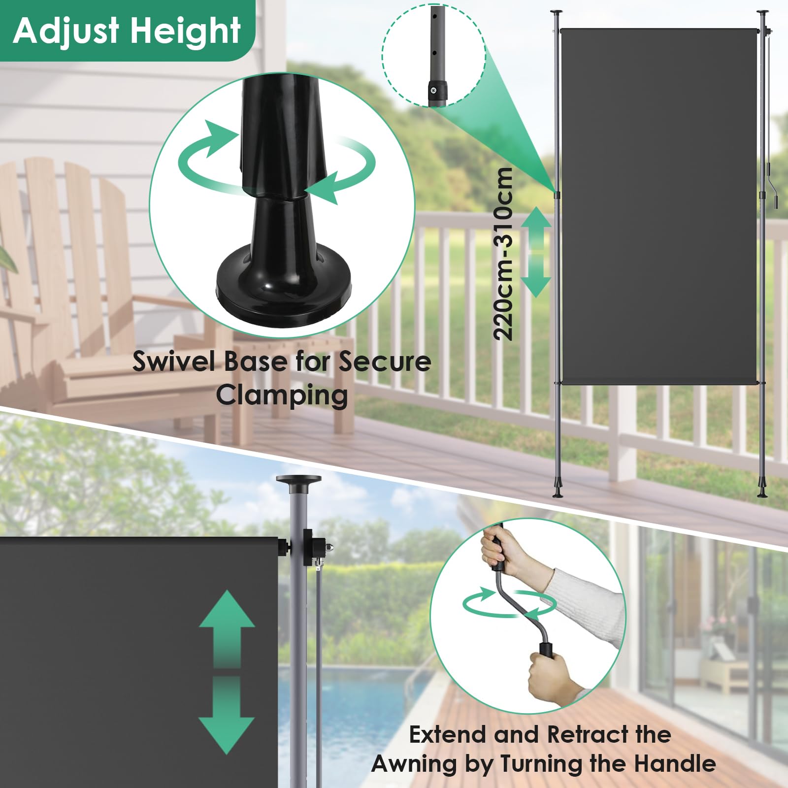 Store Polyester 180g/m² Store Vertical Extérieur 200x270cm - Manivelle Sans Perçage - Brise-vue Balcon Terrasse Protection Vent Store
