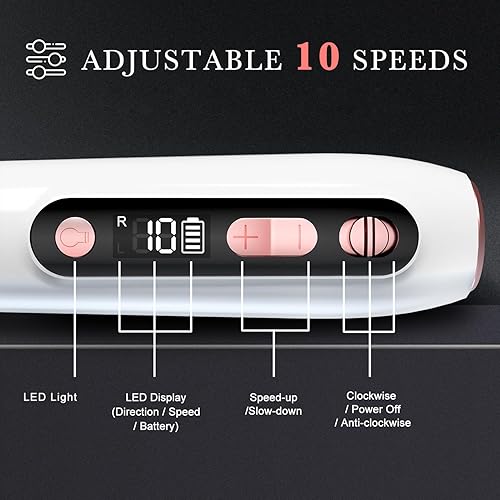Vista 17 de ENGERWALL Taladro de uñas eléctrico de 35000 RPM, lima de uñas eléctricas profesionales de bajo ruido y baja vibración de bajo calor con botones