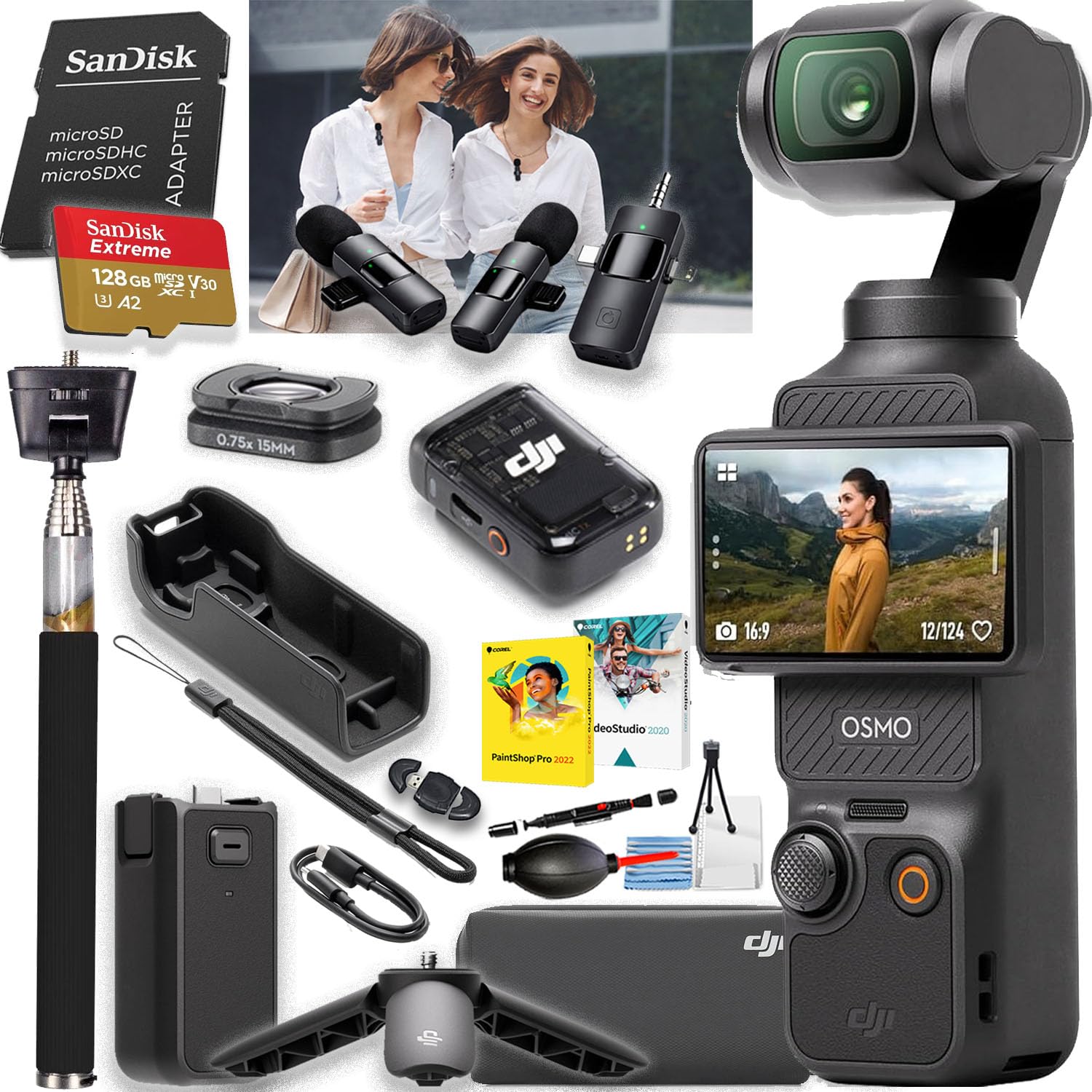 DJI Osmo Pocket 3 Creator, Vlogging Camera with 1'' CMOS & 4K/120fps Video, 3-Axis Stabilization Bundle + Accessories Including a 64GB Memory Card + Selfie Stick + More