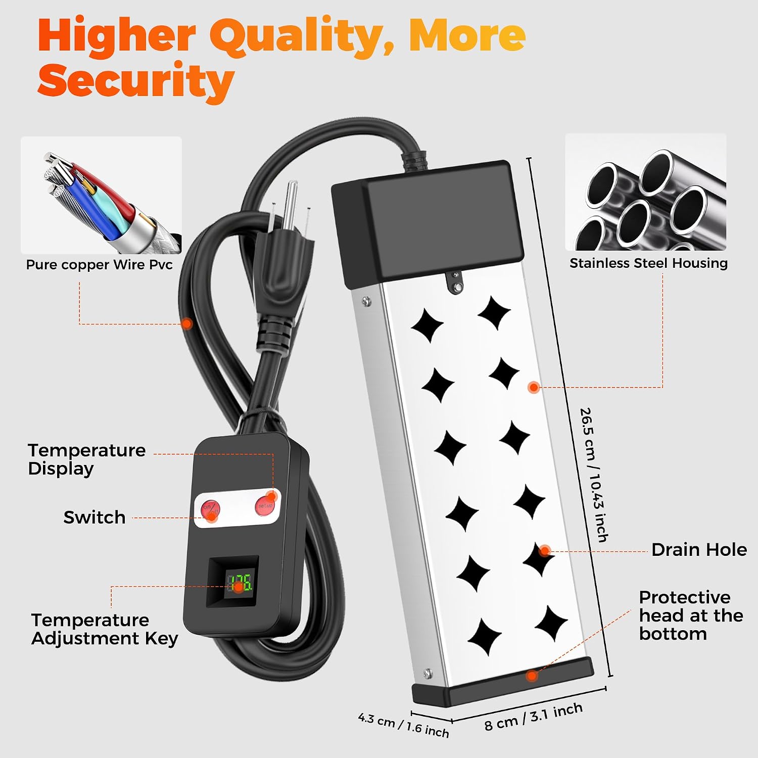 Immersion Water Heater Electric, 1800W Portable Water Heater with Temperature Display, Anti Dry Burn Protection & Adjustable Thermostat, Full Submersion Required for Buckets, Tubs, Pools, 120V