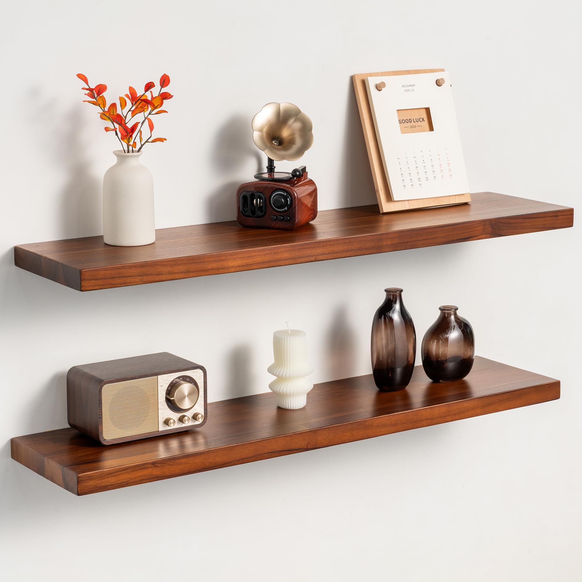 Realgulf 32 Inch Teak Floating Shelves Set of 2 - Solid Natural Wood Wall Mounted Shelves with Invisible Brackets - Heavy Duty Waterproof Storage for
