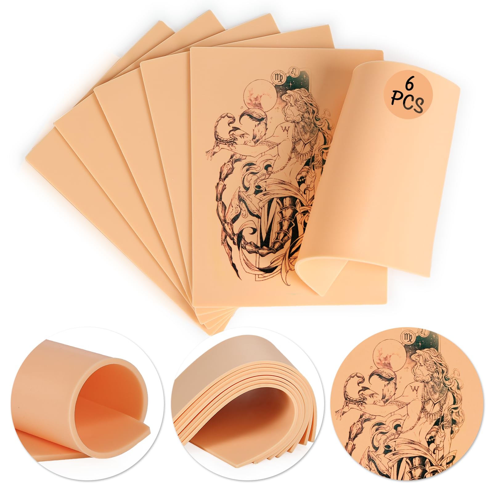 Piel Sintetica Tatuaje 3 MM, 6 Piezas Pieles Sinteticas Tatuaje Con Textura Realista Y FáCil De Pigmentar, Por Lo Que Es Ideal Para Practicar Puntadas Detalladas Y La Aplicación Del Color