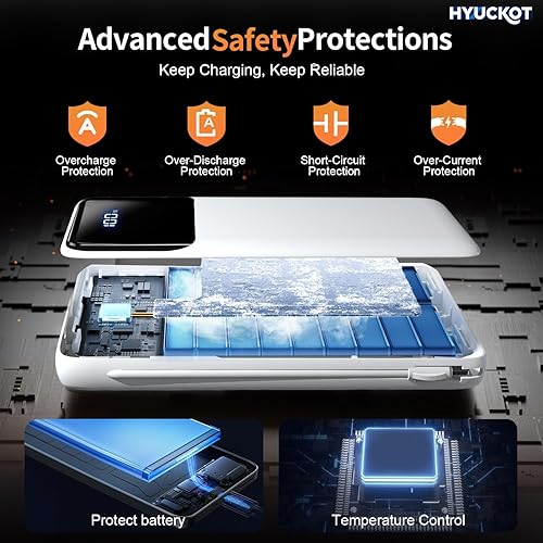 Miniatura 5 de Cargador portátil de 10000 mAh con cables integrados y enchufe de pared, carga rápida USB C batería para iPhone Samsung Google Pixel, viaje