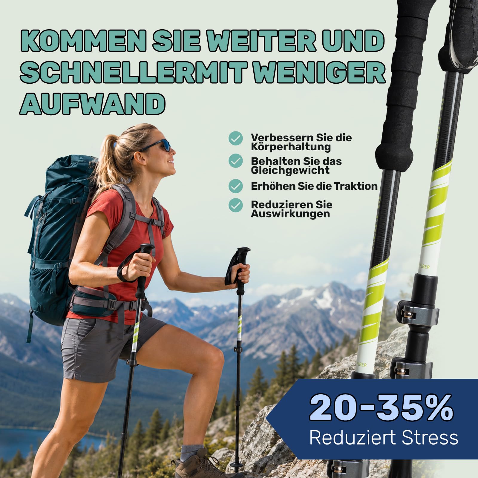 Carbon Trekkingstöcke 2er Set – Nordic Walking Stöcke Damen Herren, Wanderstöcke Teleskop Faltbar, Ultraleichte Walking Stöcke für Hiking Poles Trekking Wanderstock.