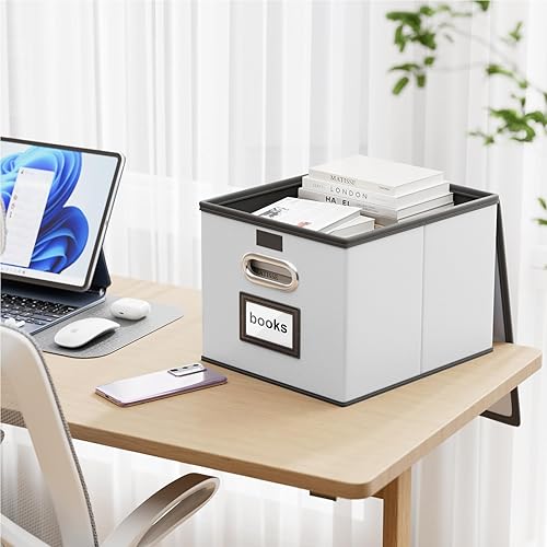 Miniatura 2 de Huolewa Caja organizadora de archivos mejorada con tapa, plegable de piel sintética para colgar carpetas de archivos con portaobjetos de plástico,
