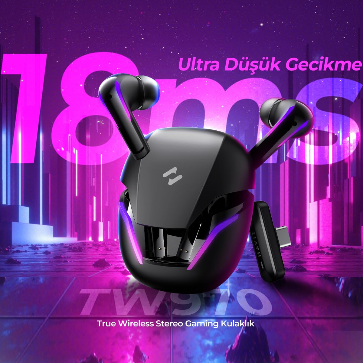 Havit TW970 TWS RGB Gaming Bluetooth Kulaklık - 2.4GHz ve Bluetooth Modu (Beyaz)