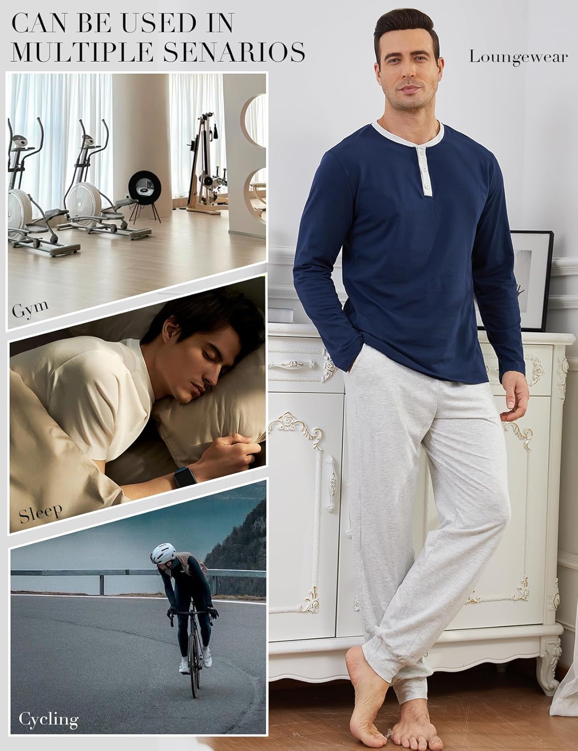 Yimoon Men's Pajama Set Soft Cotton Henley Neckline Sleepwear Long Sleeve 2 Piece Lounge Set with Pockets - Image 6