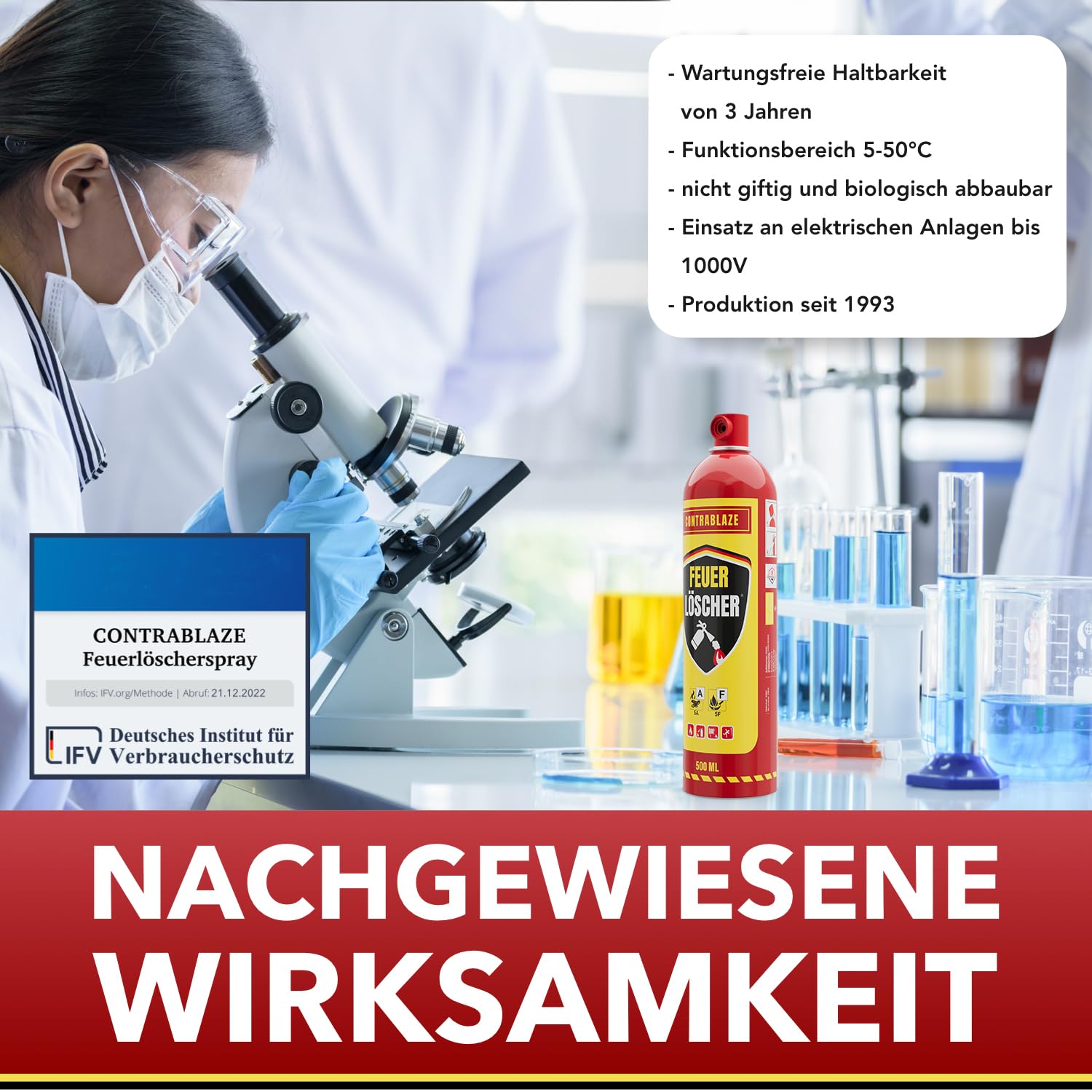 Spray extincteur domestique – 500 ml – Pour plus de sécurité dans votre vie quotidienne – Idéal pour la maison, la cuisine et la voiture – Efficacité testée contre les feux de graisse et les incendies