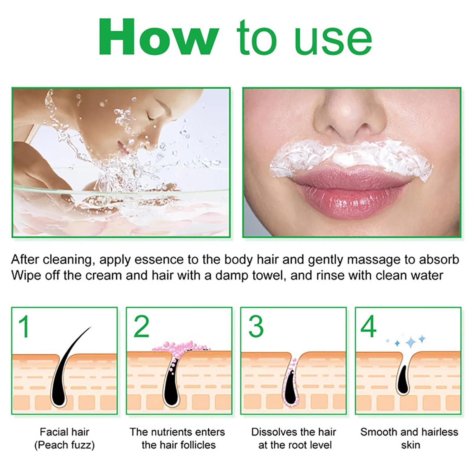 Crema depilatoria facial y crema de depilación corporal para mujeres, removedor de aloe vera para labio superior y barbilla, removedor de vello facial para piel sensible corporal, suave y no irritante 7