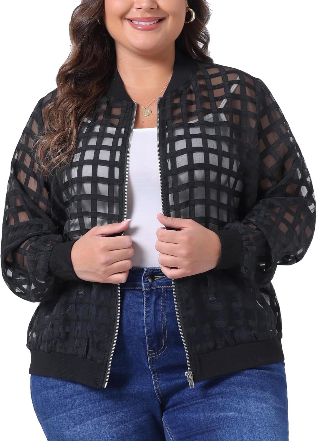 Agnes Orinda Mesh Sheer Jackets for Women Plus Size 2025 Fall Fashion See Through Long Sleeve Zip Up Bomber Jacket